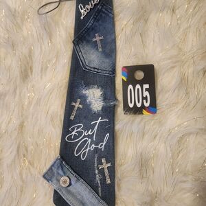 But God Embellished Dark Wash Denim Necktie Necklace